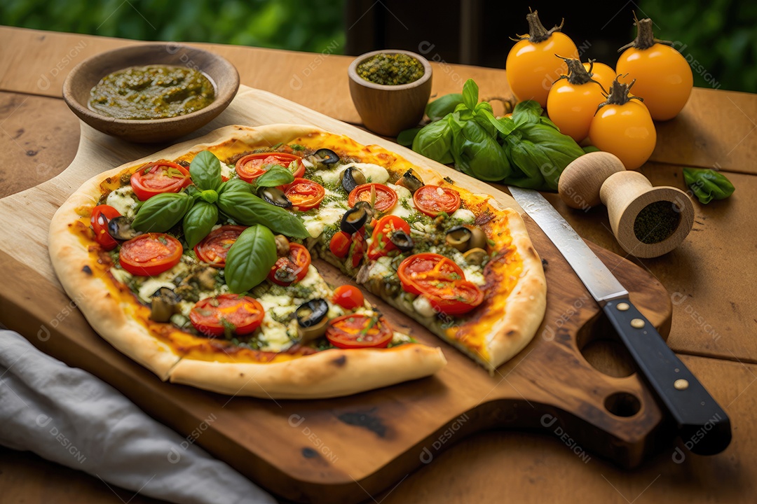 Pizza vegetariana, com tomate cherry, cogumelos, pimentos