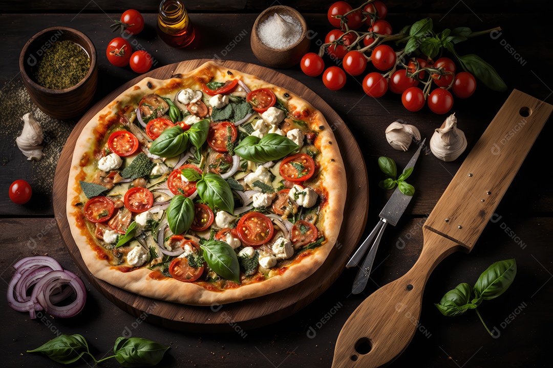 Pizza vegetariana, com tomate cherry, cogumelos