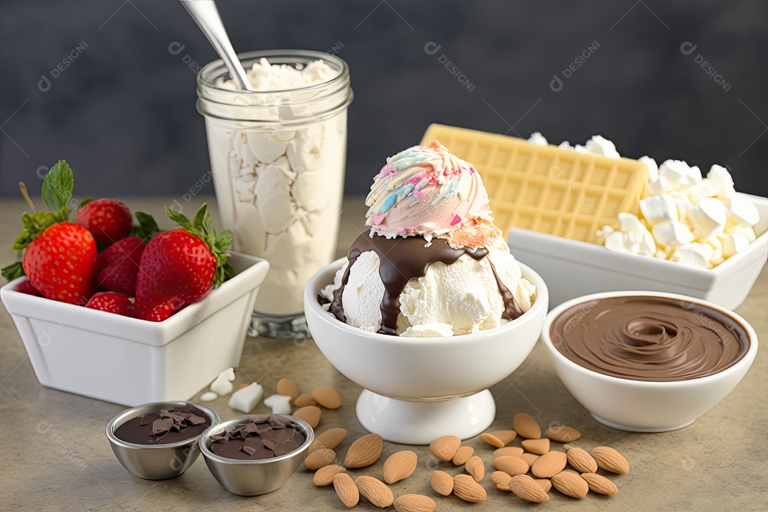 Tigela de sorvete de chocolate, com calda de chocolate quente pingando