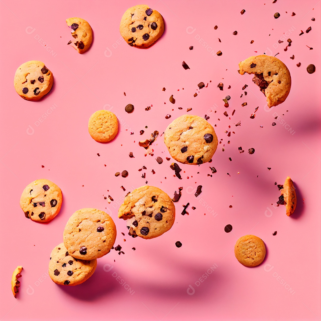 Deliciosos cookies com gotas de chocolates em fundo rosa