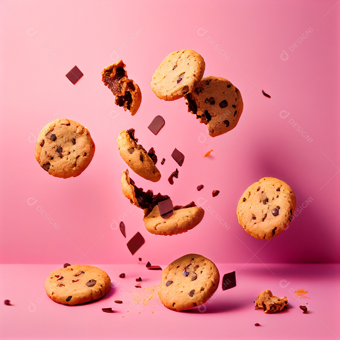 Deliciosos cookies com gotas de chocolates em fundo rosa