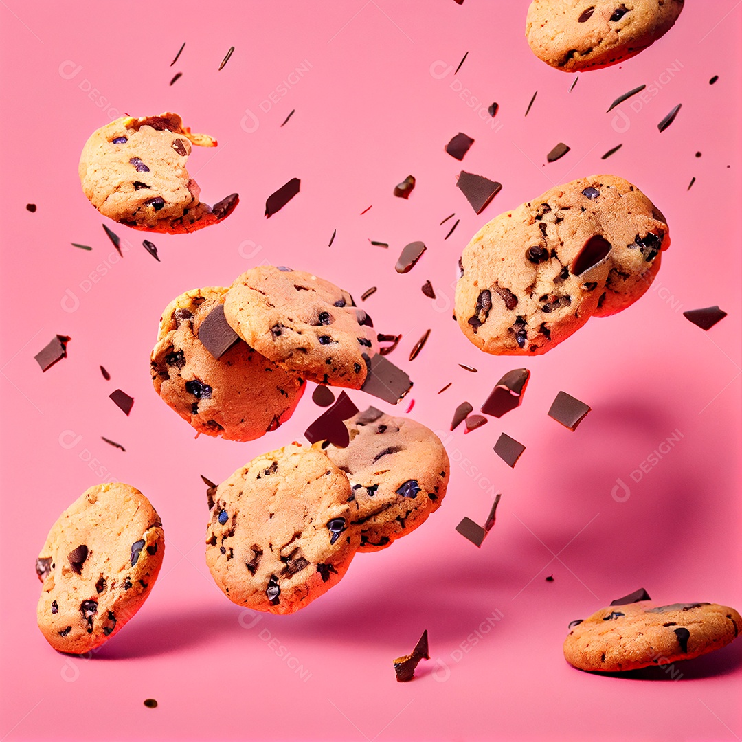 Deliciosos cookies com gotas de chocolates caindo sobre a mesa