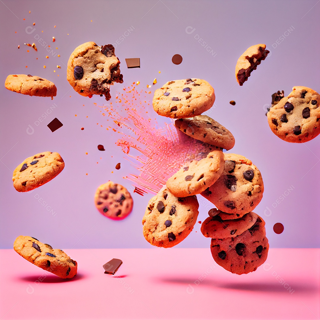 Deliciosos cookies com gotas de chocolates caindo sobre a mesa