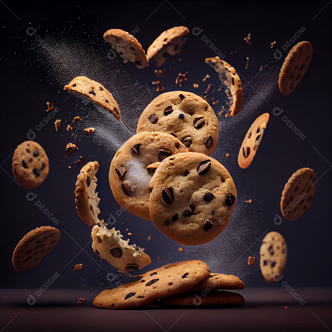 Deliciosos cookies com gotas de chocolates caindo sobre a mesa