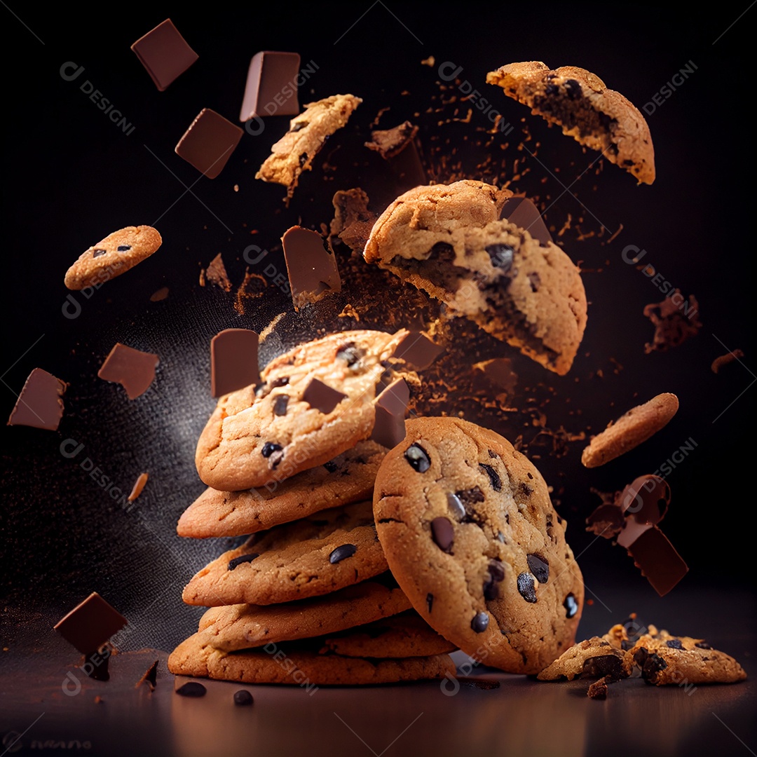 Deliciosos cookies com gotas de chocolates caindo sobre a mesa