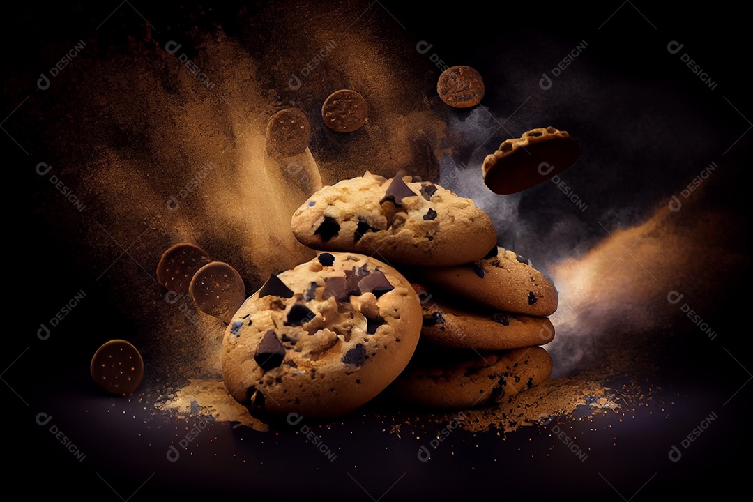 Deliciosos cookies com gotas de chocolates em fundo preto