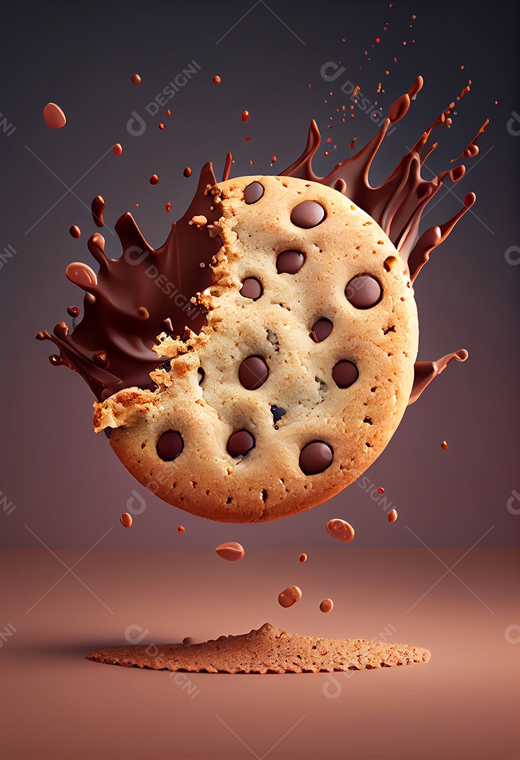 Deliciosos cookies com gotas de chocolates caindo sobre a mesa