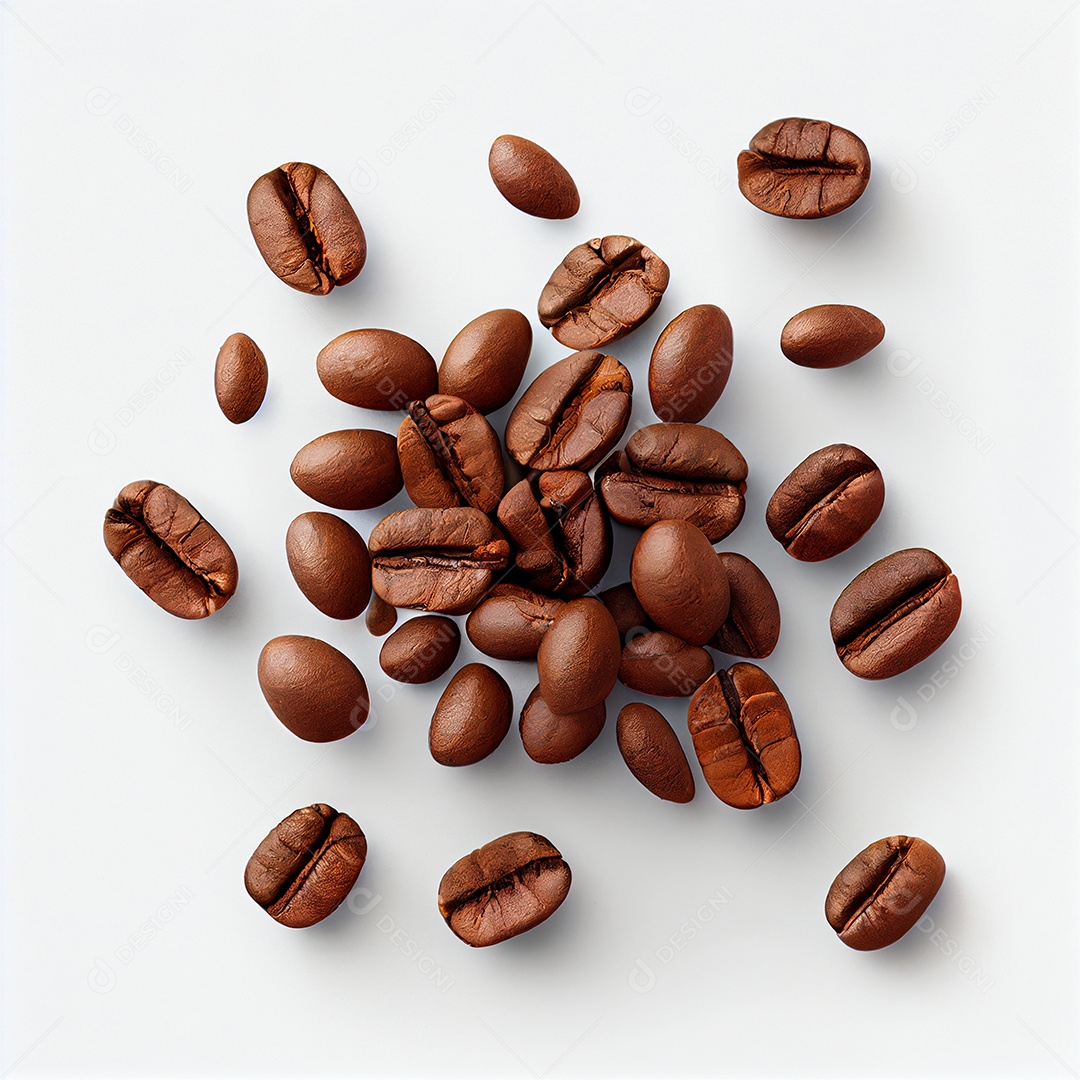 Grãos de café torrado em fundo branco