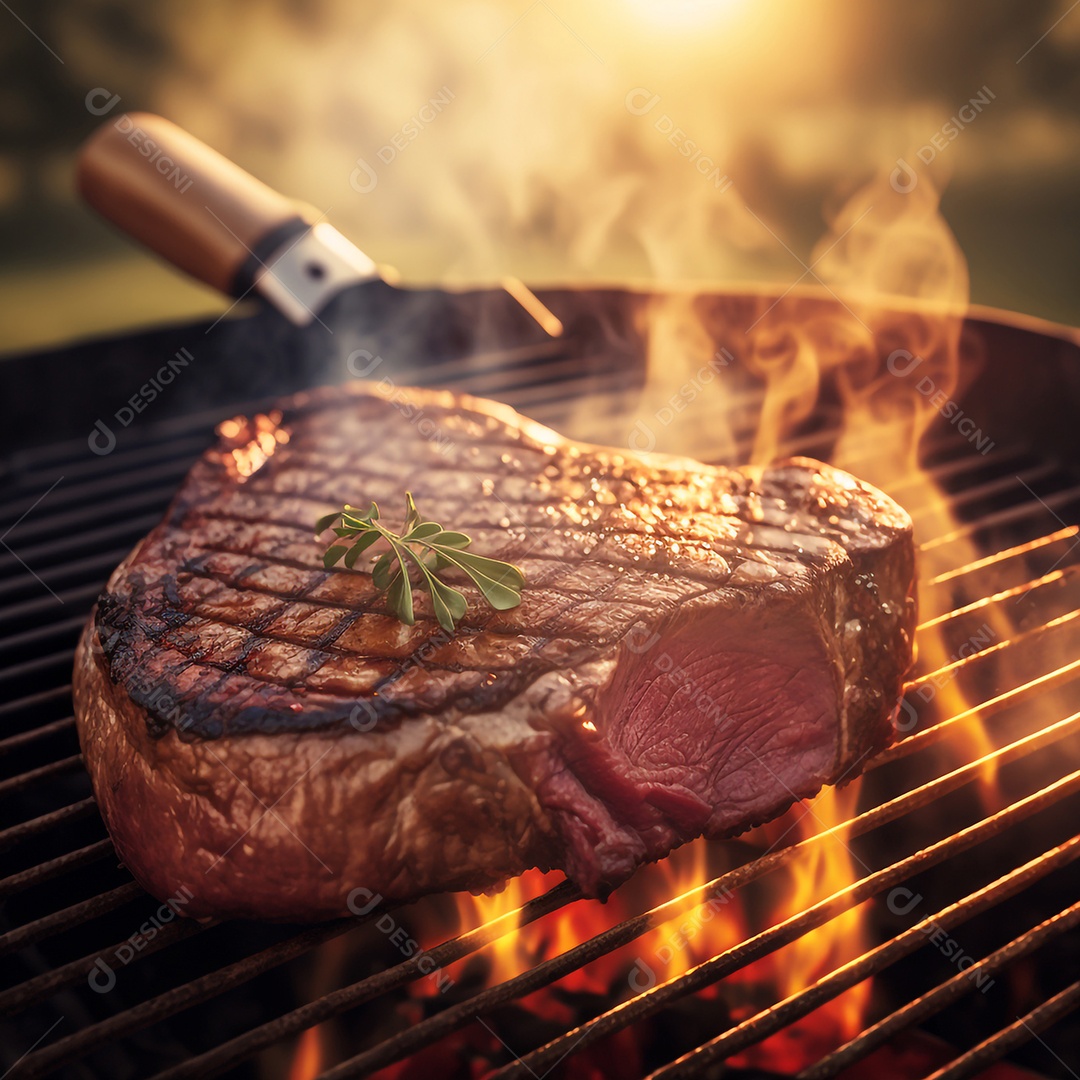 Bife na grelhando na churrasqueira