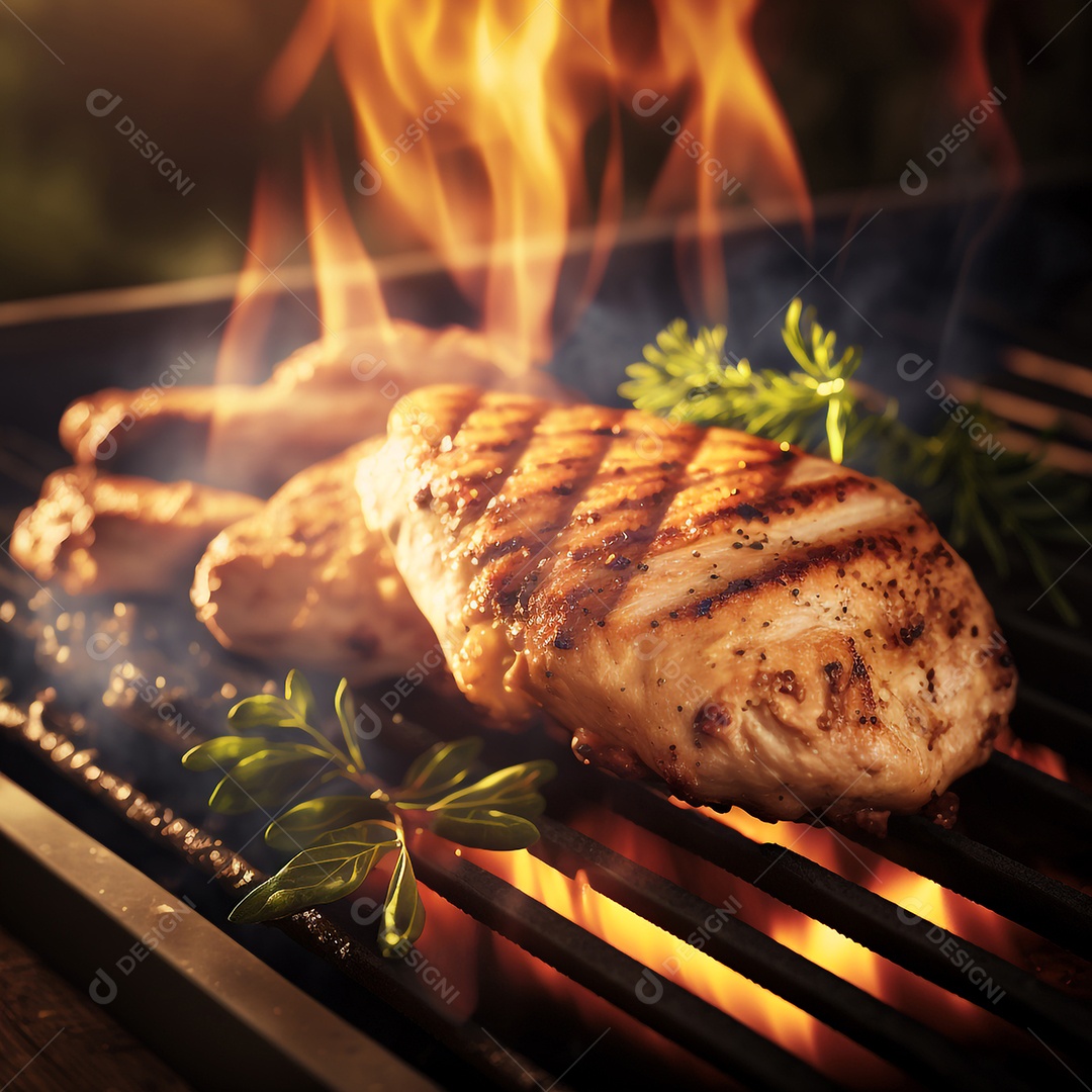 Delicioso bife de frango sendo grelhado