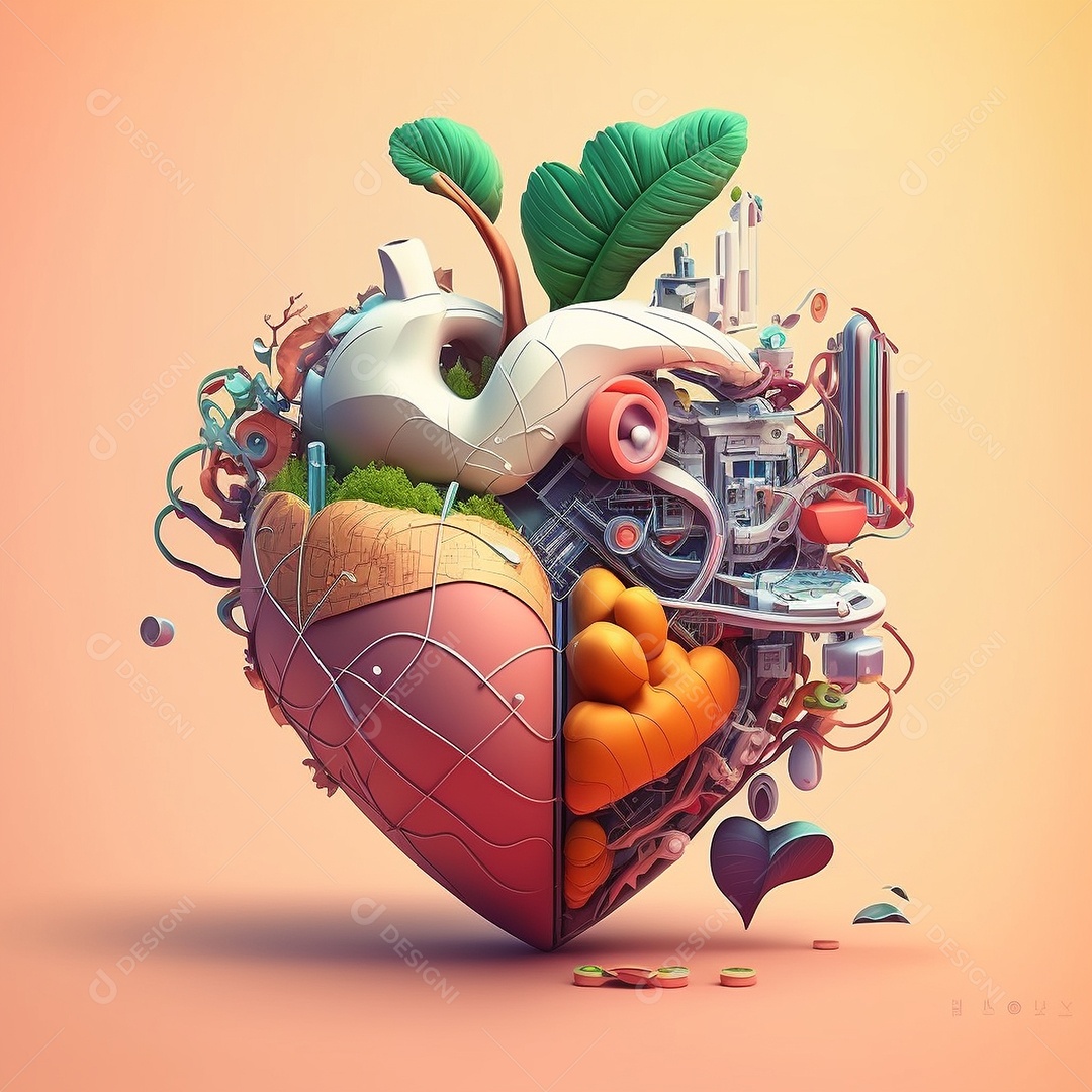 Conceito de cuidado do coração. Ilustração estilizada abstrata. Anatomia e fisiologia cardíaca. Órgão artificial. Dia mundial do coração. Medicina preventiva