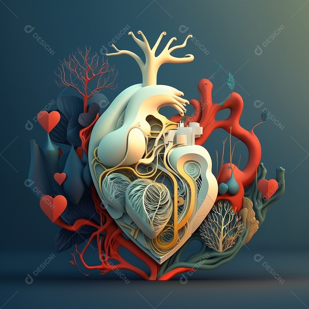 Conceito de cuidado do coração. Ilustração estilizada abstrata. Anatomia e fisiologia cardíaca. Órgão artificial. Dia mundial do coração. Medicina preventiva