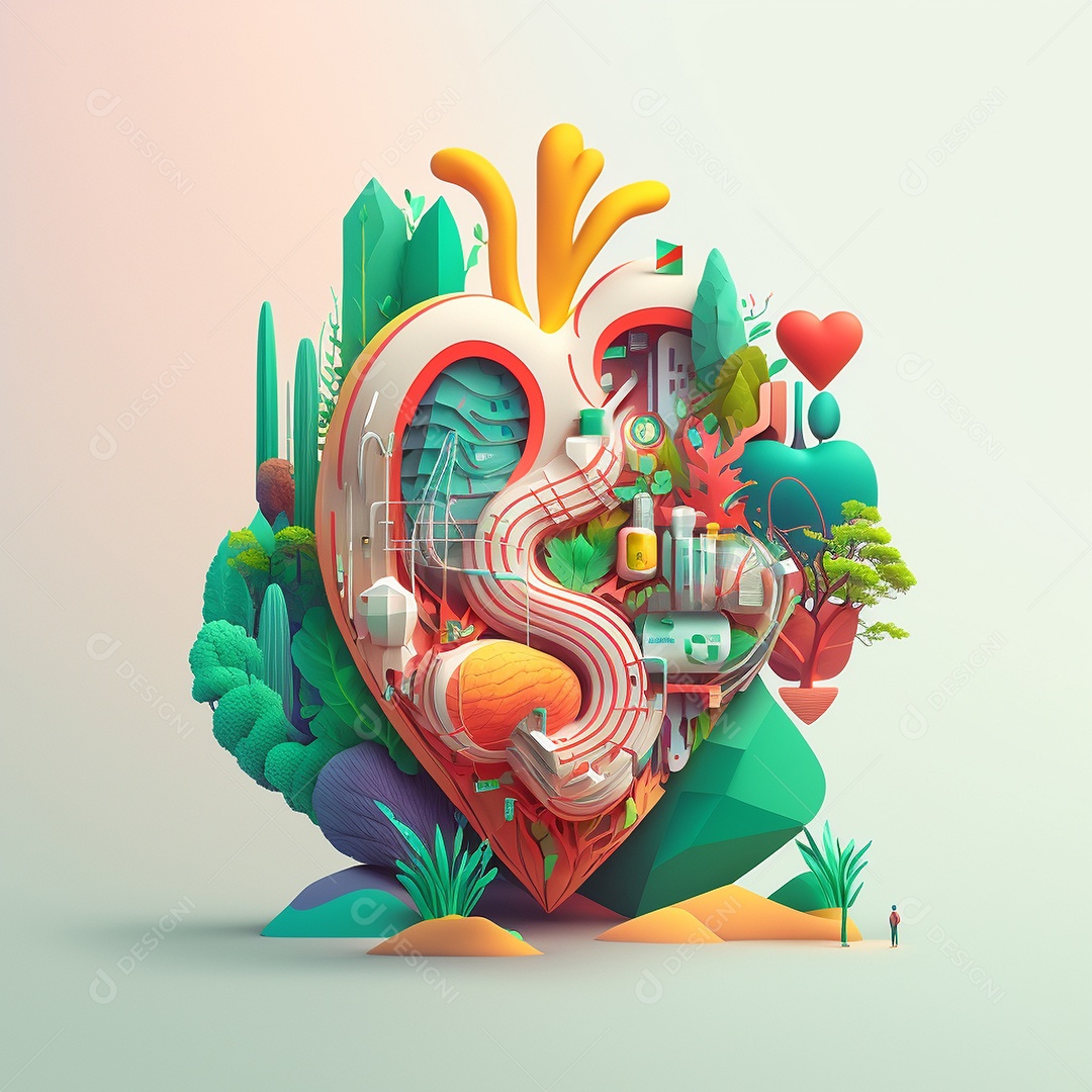 Conceito de cuidado do coração. Ilustração estilizada abstrata. Anatomia e fisiologia cardíaca. Órgão artificial. Dia mundial do coração. Medicina preventiva