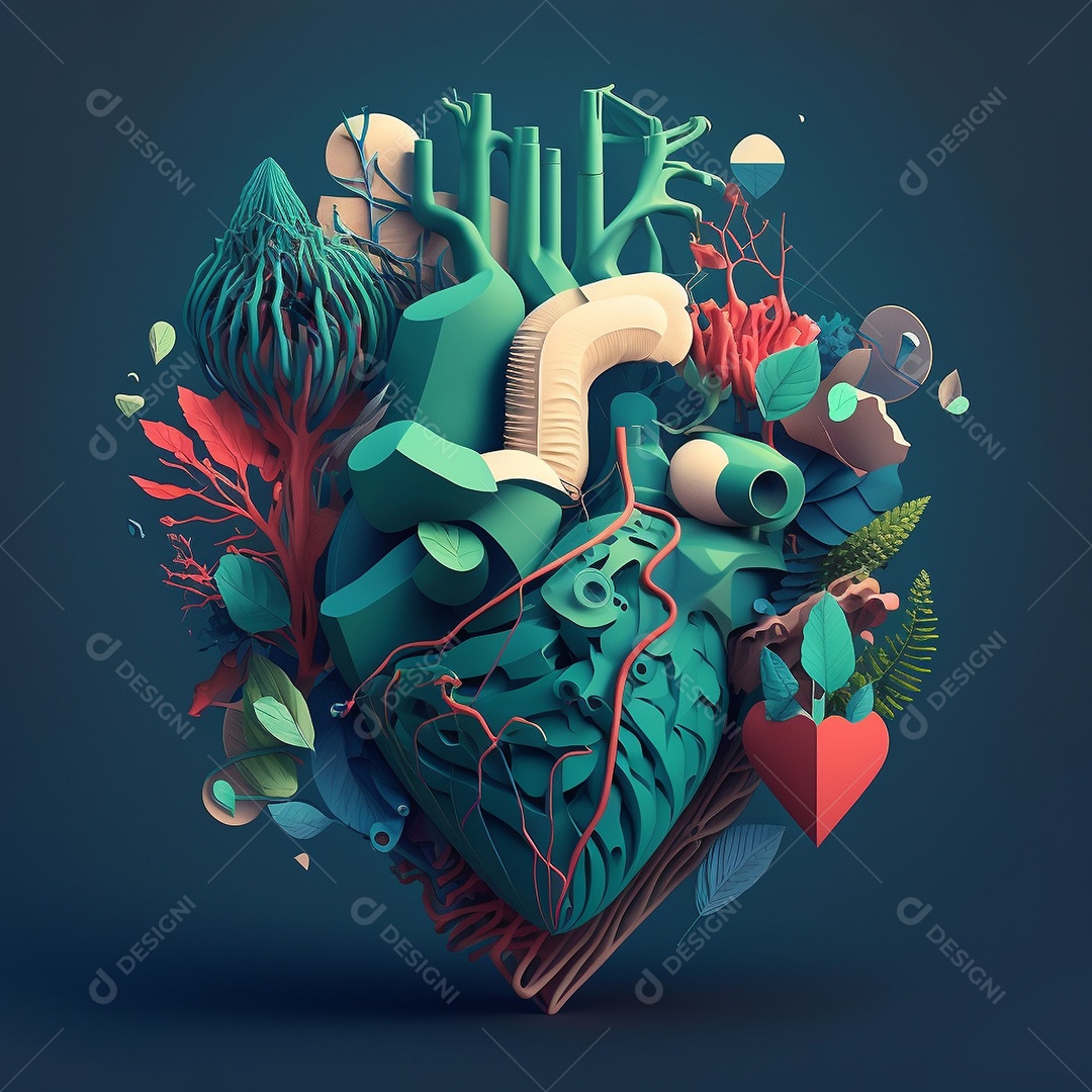 Conceito de cuidado do coração. Ilustração estilizada abstrata. Anatomia e fisiologia cardíaca. Órgão artificial. Dia mundial do coração. Medicina preventiva