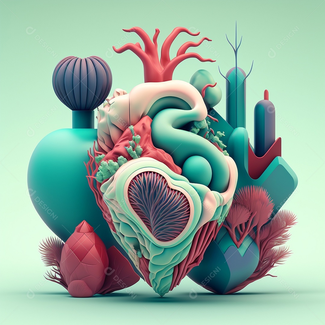 Conceito de cuidado do coração. Ilustração estilizada abstrata. Anatomia e fisiologia cardíaca. Órgão artificial. Dia mundial do coração. Medicina preventiva