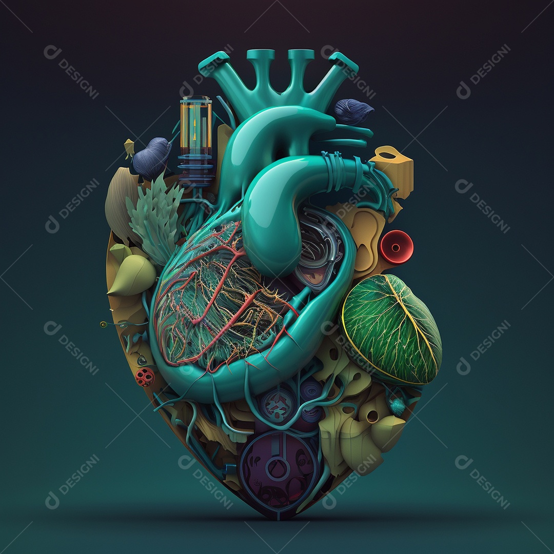 Conceito de cuidado do coração. Ilustração estilizada abstrata. Anatomia e fisiologia cardíaca. Órgão artificial. Dia mundial do coração. Medicina preventiva