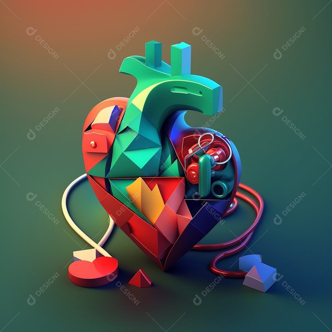 Conceito de cuidado do coração. Ilustração estilizada abstrata. Anatomia e fisiologia cardíaca. Órgão artificial. Dia mundial do coração. Medicina preventiva