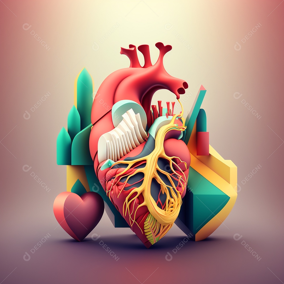 Conceito de cuidado do coração. Ilustração estilizada abstrata. Anatomia e fisiologia cardíaca. Órgão artificial. Dia mundial do coração. Medicina preventiva