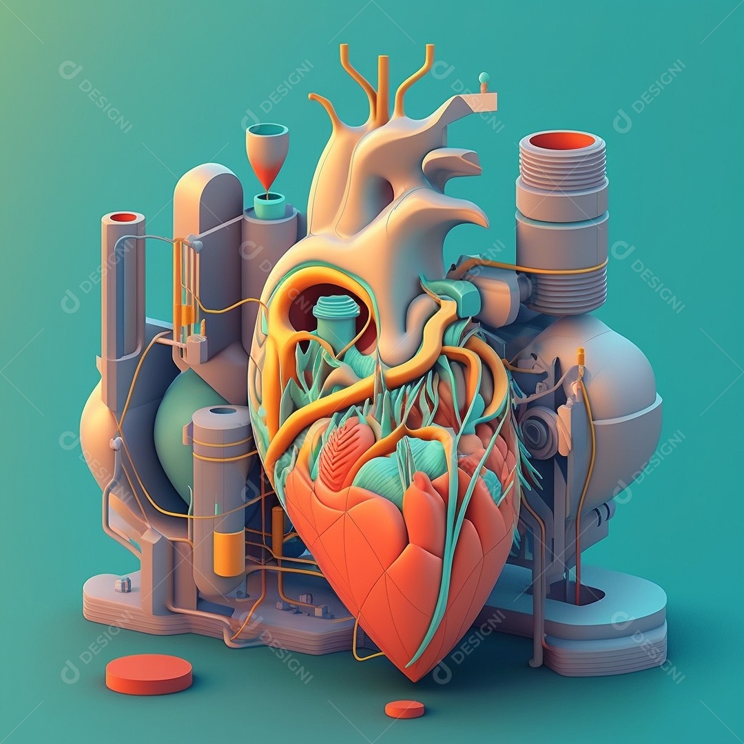 Conceito de cuidado do coração. Ilustração estilizada abstrata. Anatomia e fisiologia cardíaca. Órgão artificial. Dia mundial do coração. Medicina preventiva