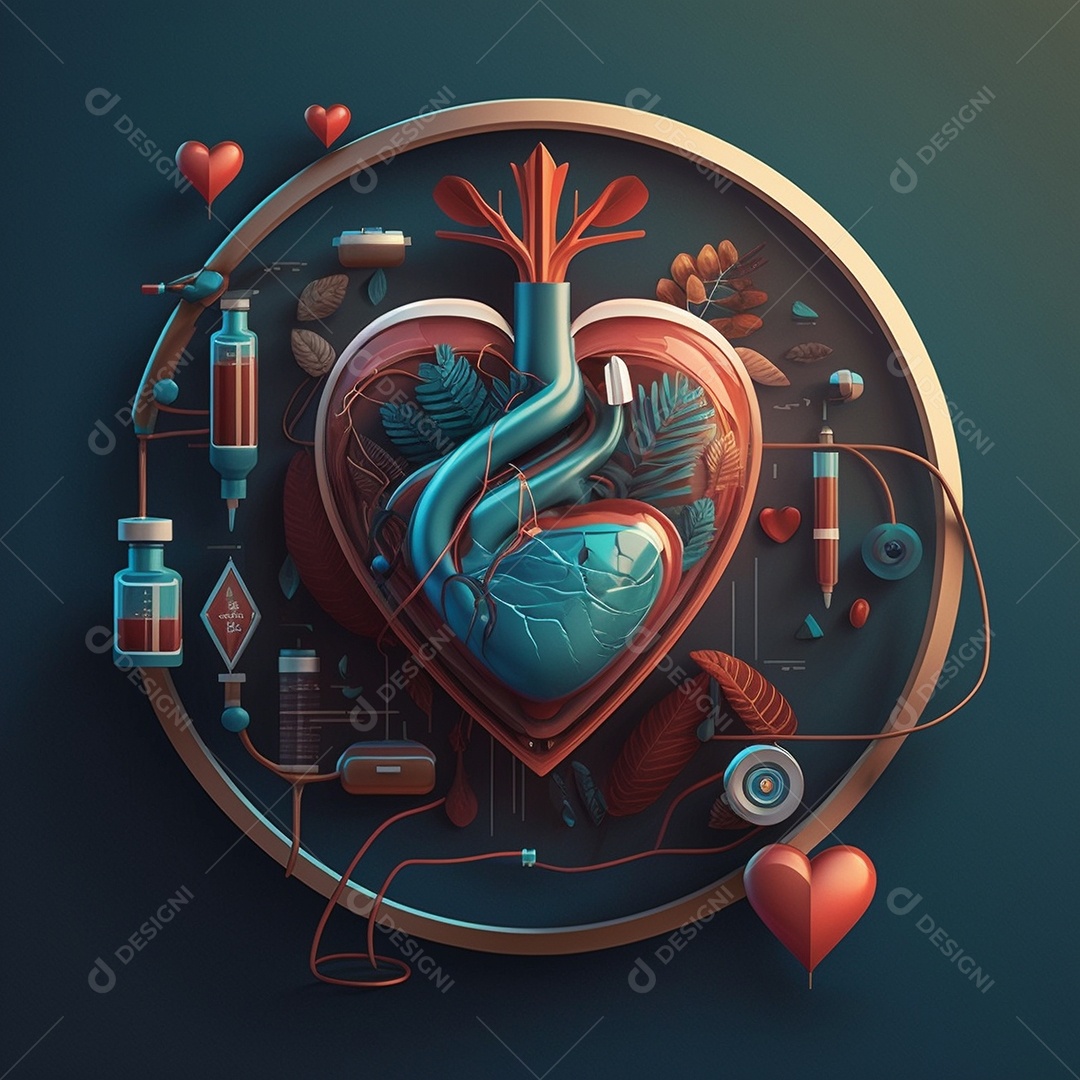 Conceito de cuidado do coração. Ilustração estilizada abstrata. Anatomia e fisiologia cardíaca. Órgão artificial. Dia mundial do coração. Medicina preventiva