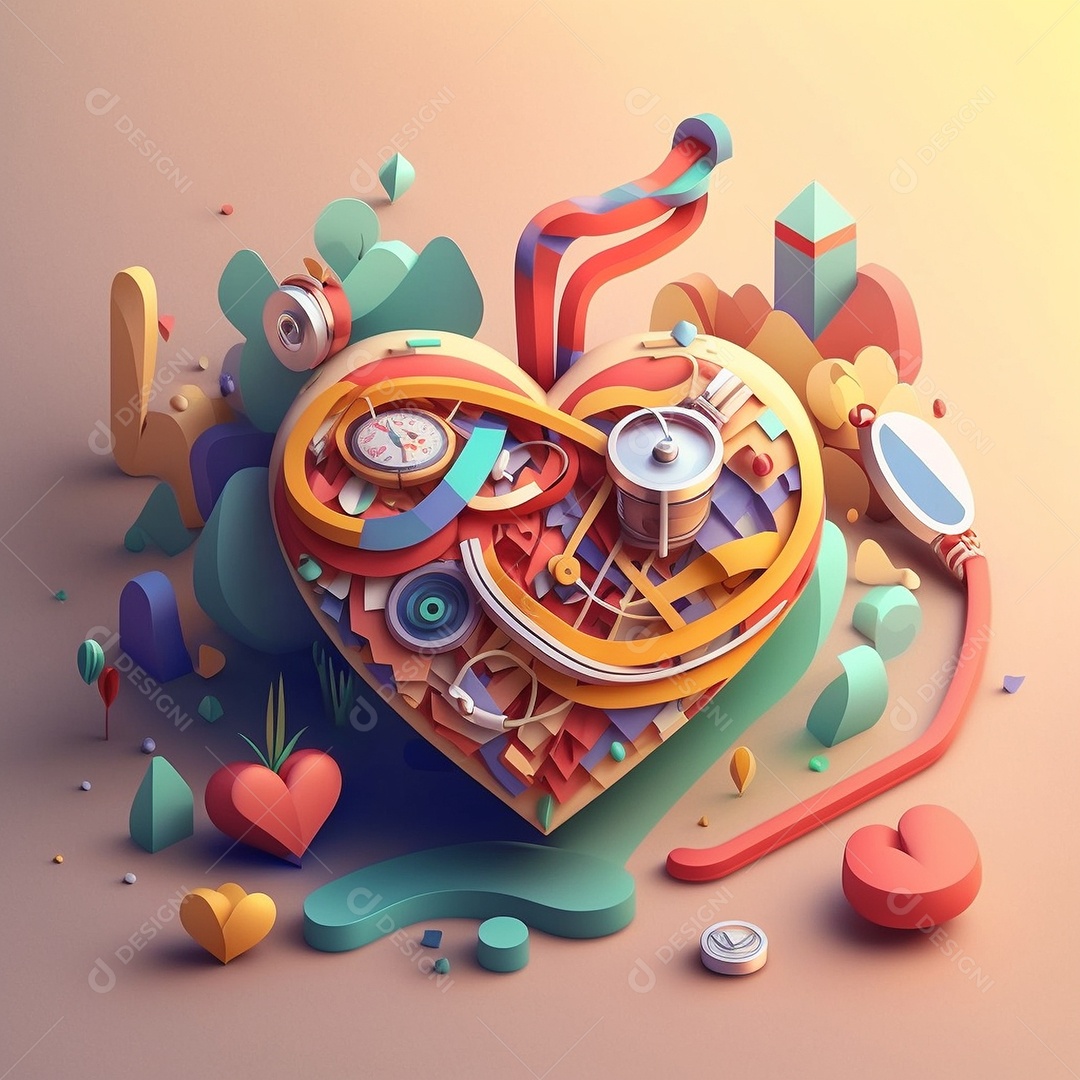 Conceito de cuidado do coração. Ilustração estilizada abstrata. Anatomia e fisiologia cardíaca. Órgão artificial. Dia mundial do coração. Medicina preventiva