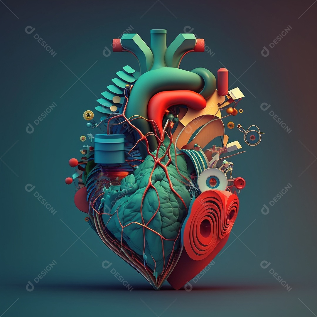 Conceito de cuidado do coração. Ilustração estilizada abstrata. Anatomia e fisiologia cardíaca. Órgão artificial. Dia mundial do coração. Medicina preventiva