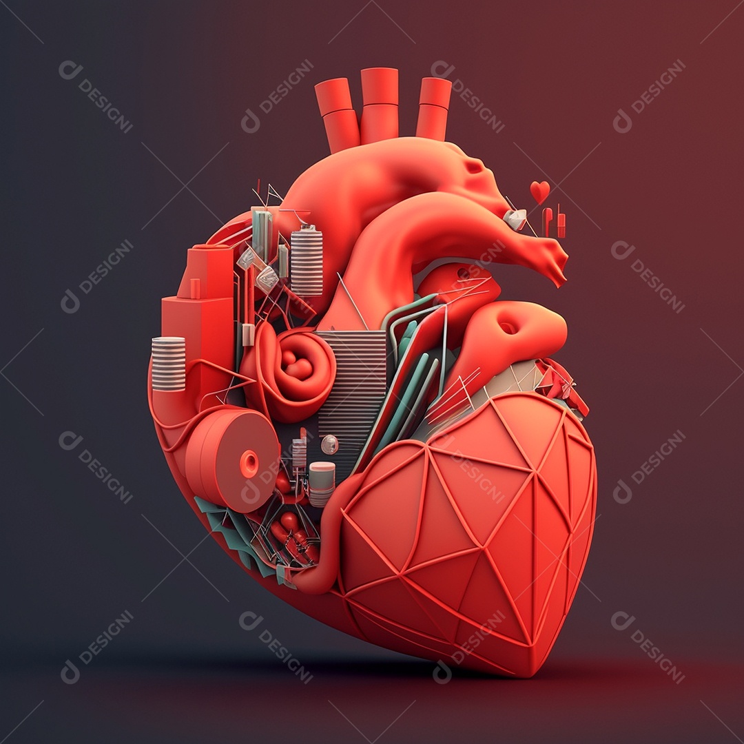 Conceito de cuidado do coração. Ilustração estilizada abstrata. Anatomia e fisiologia cardíaca. Órgão artificial. Dia mundial do coração. Medicina preventiva