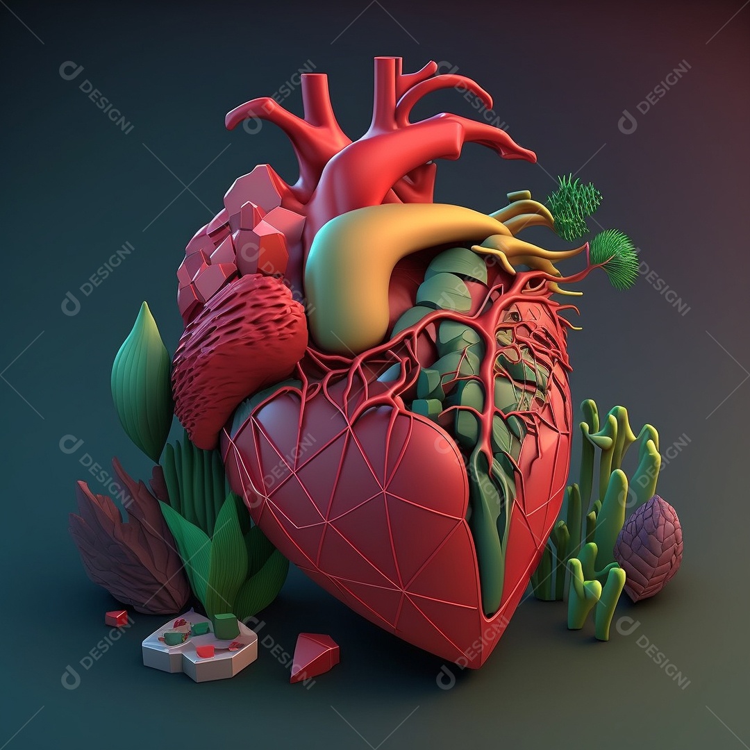 Conceito de cuidado do coração. Ilustração estilizada abstrata. Anatomia e fisiologia cardíaca. Órgão artificial. Dia mundial do coração. Medicina preventiva