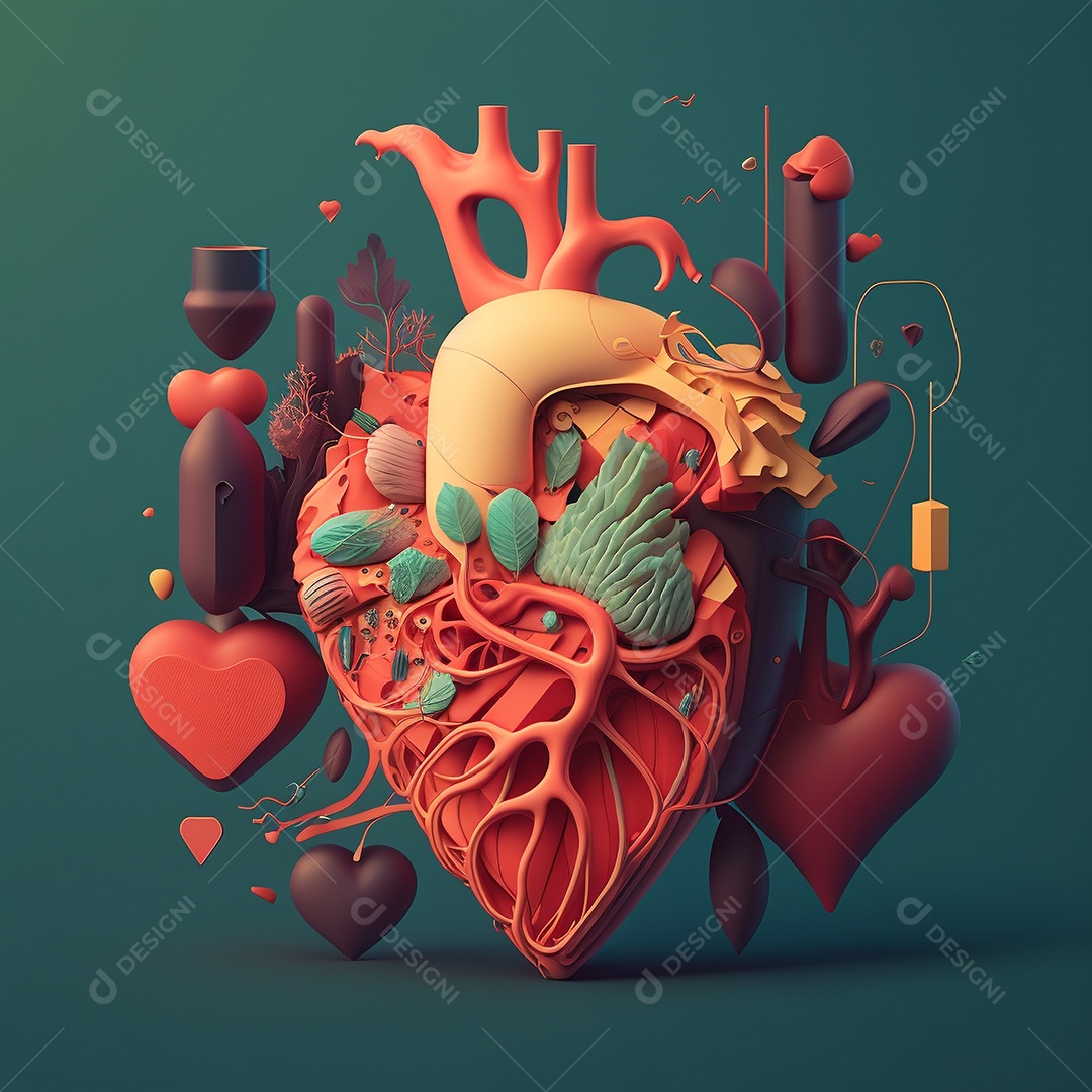 Conceito de cuidado do coração. Ilustração estilizada abstrata. Anatomia e fisiologia cardíaca. Órgão artificial. Dia mundial do coração. Medicina preventiva