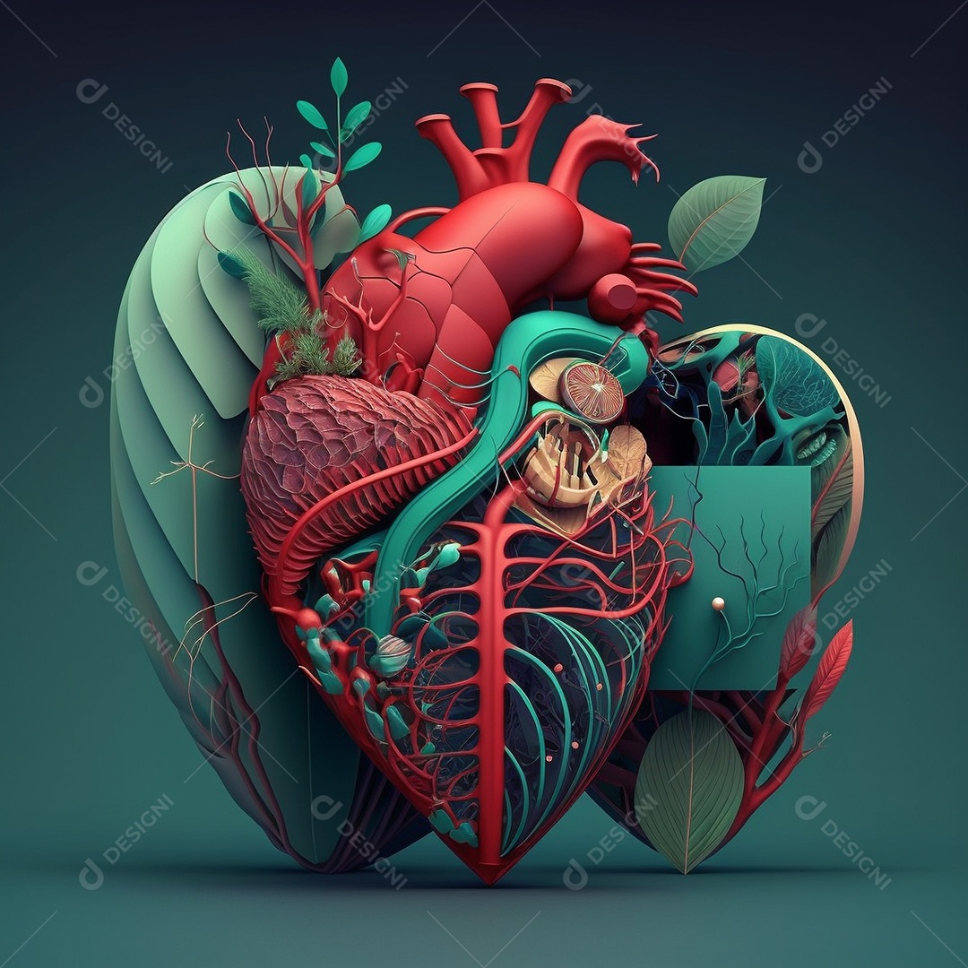 Conceito de cuidado do coração. Ilustração estilizada abstrata. Anatomia e fisiologia cardíaca. Órgão artificial. Dia mundial do coração. Medicina preventiva