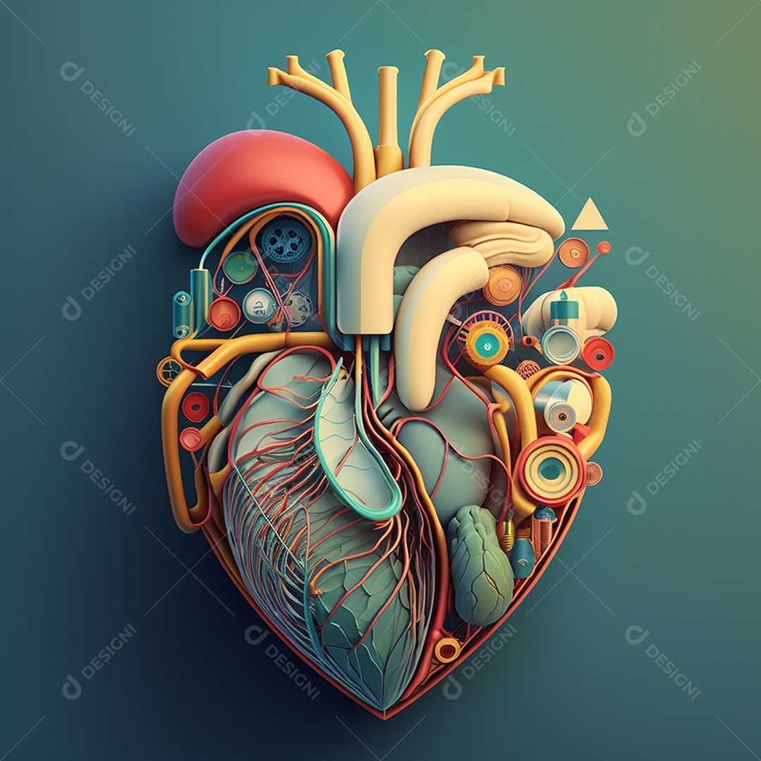 Conceito de cuidado do coração. Ilustração estilizada abstrata. Anatomia e fisiologia cardíaca. Órgão artificial. Dia mundial do coração. Medicina preventiva