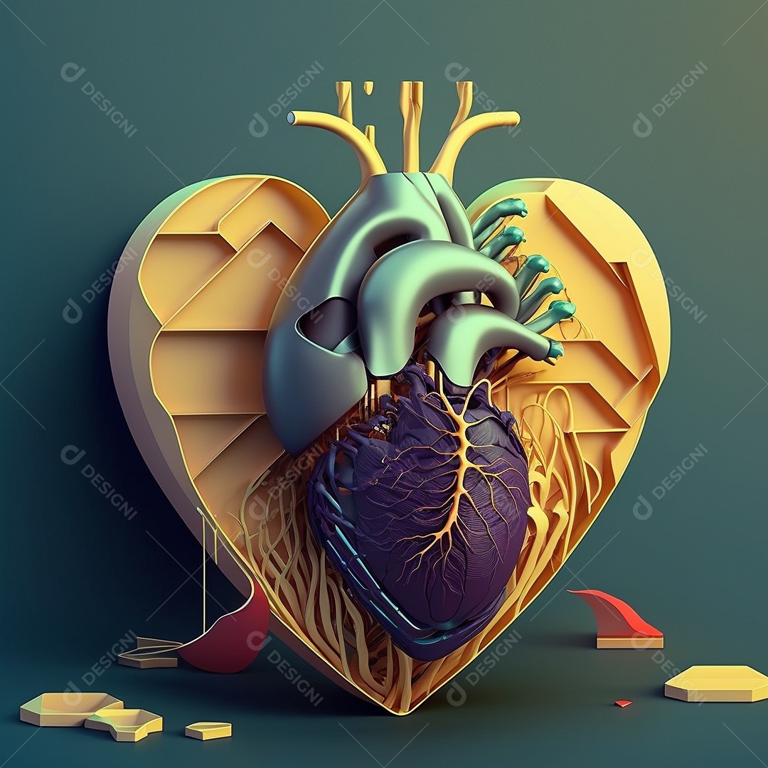 Conceito de cuidado do coração. Ilustração estilizada abstrata. Anatomia e fisiologia cardíaca. Órgão artificial. Dia mundial do coração. Medicina preventiva