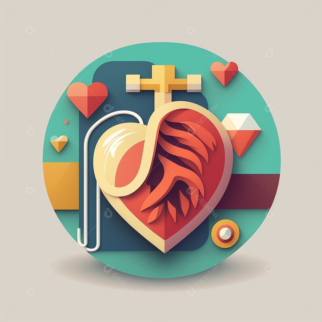 Conceito de cuidado do coração. Ilustração estilizada abstrata. Anatomia e fisiologia cardíaca. Órgão artificial. Dia mundial do coração. Medicina preventiva