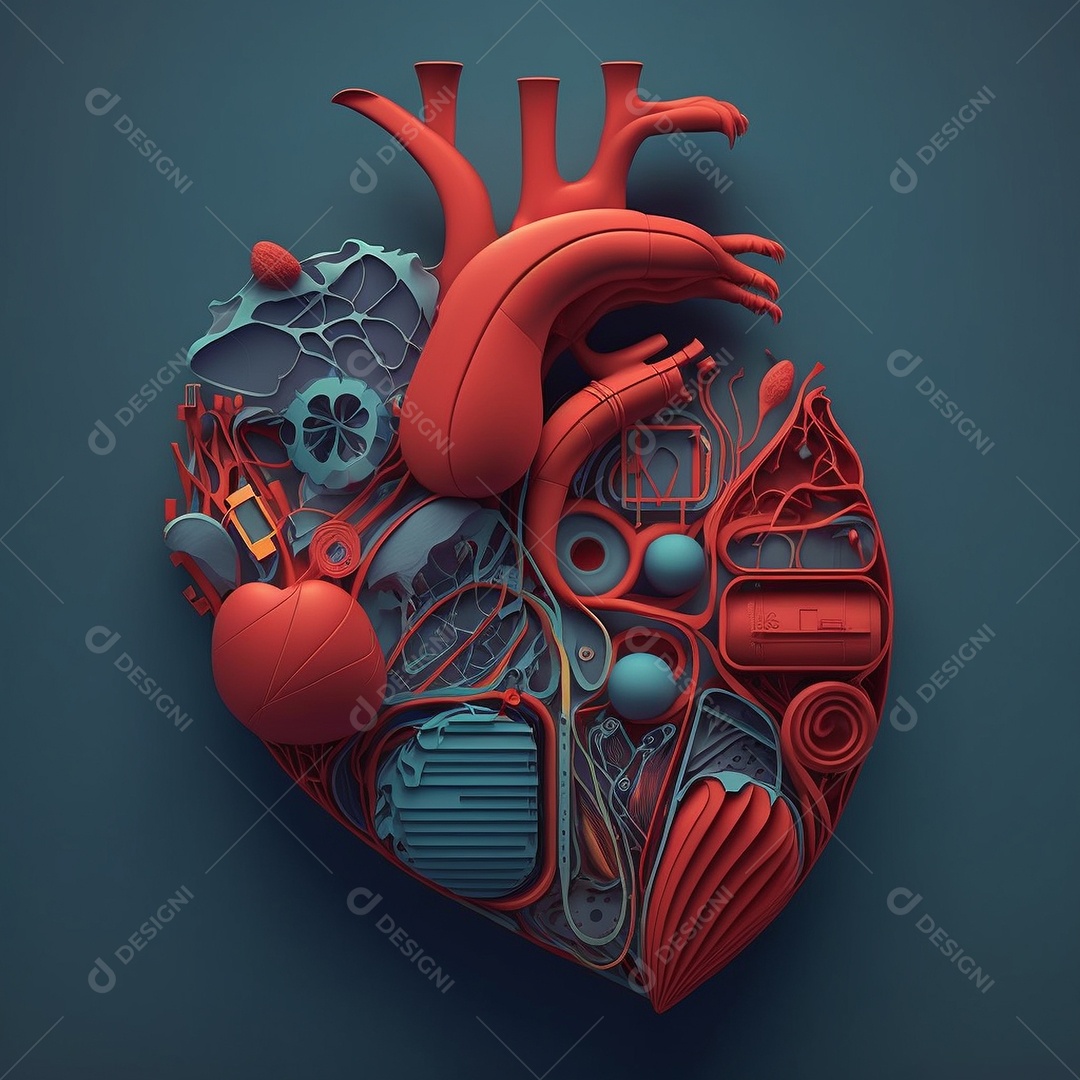 Conceito de cuidado do coração. Ilustração estilizada abstrata. Anatomia e fisiologia cardíaca. Órgão artificial. Dia mundial do coração. Medicina preventiva