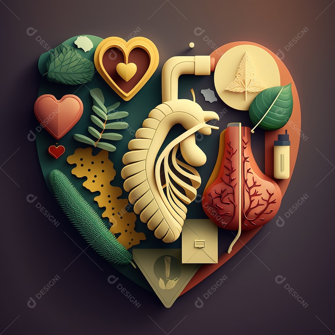 Conceito de cuidado do coração. Ilustração estilizada abstrata. Anatomia e fisiologia cardíaca. Órgão artificial. Dia mundial do coração. Medicina preventiva