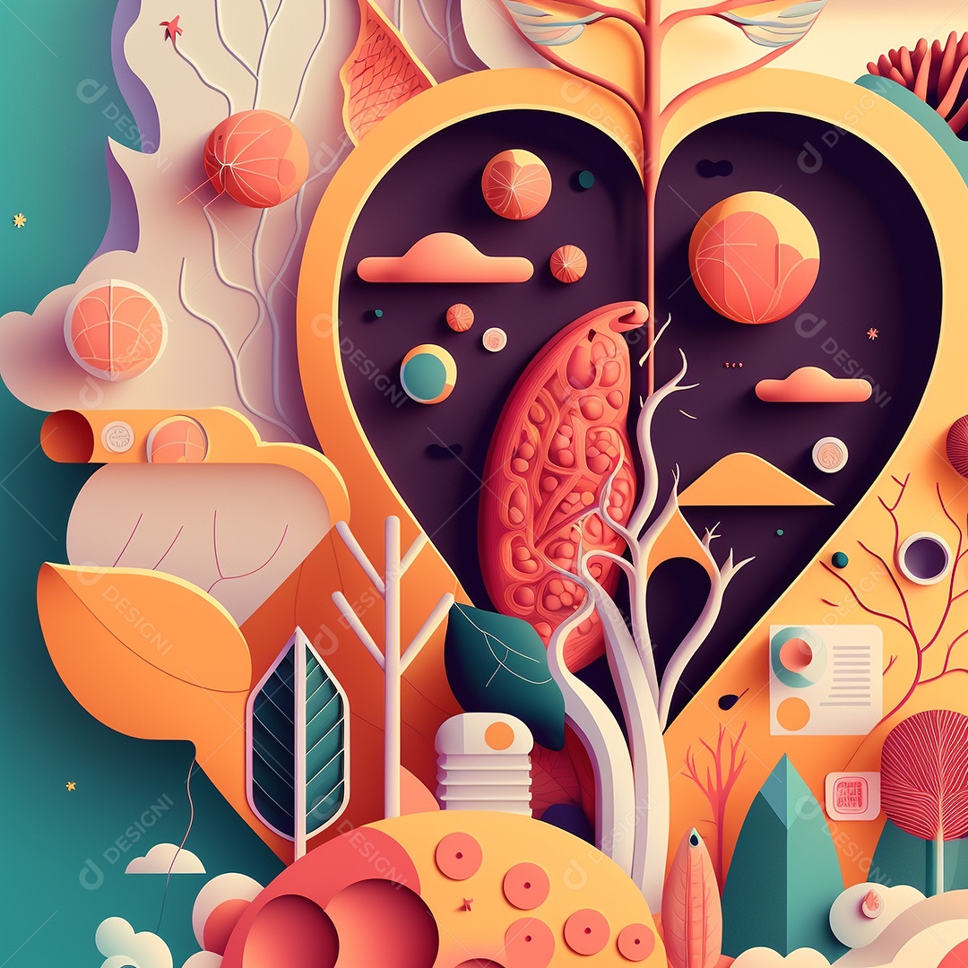 Conceito de cuidado do coração. Ilustração estilizada abstrata. Anatomia e fisiologia cardíaca. Órgão artificial. Dia mundial do coração. Medicina preventiva