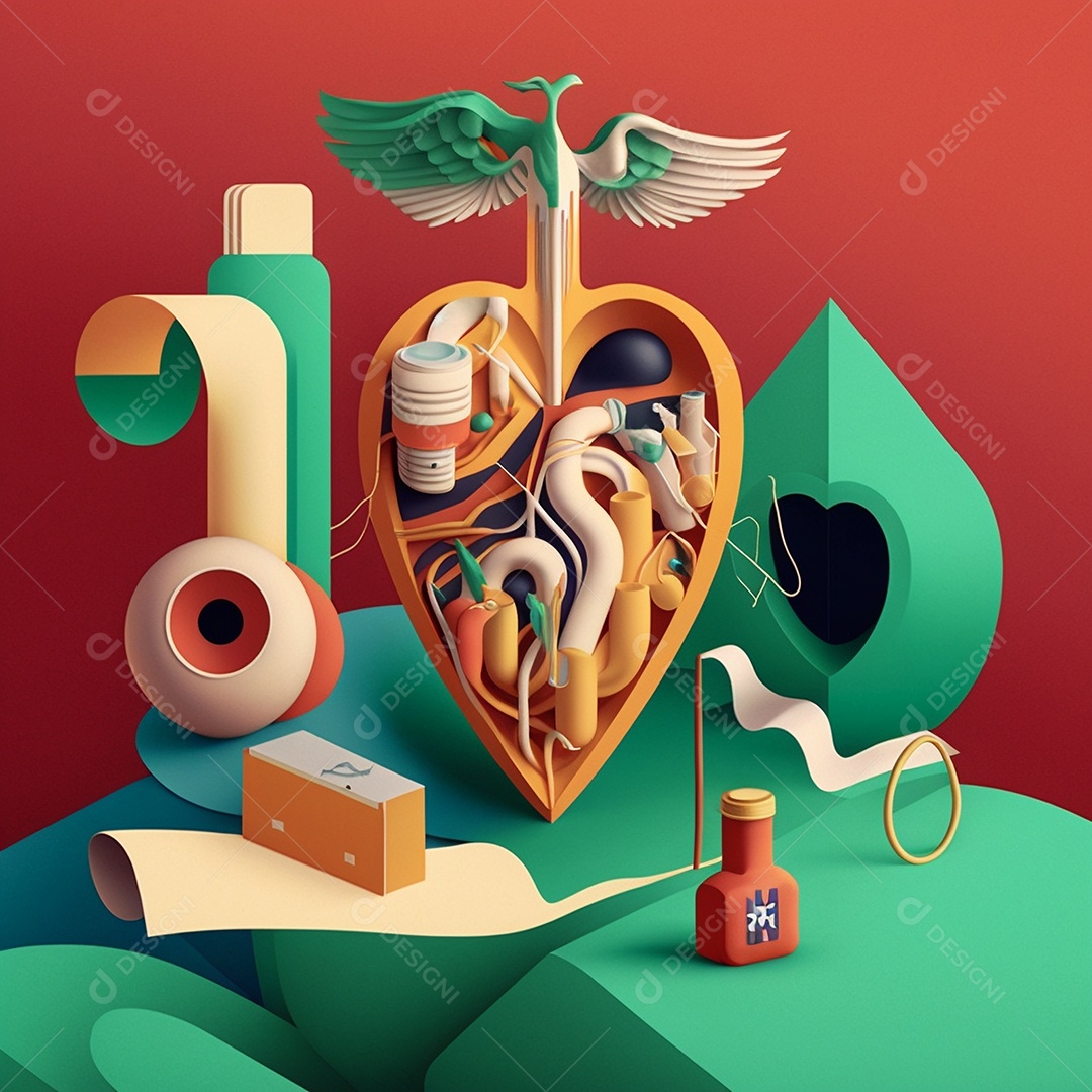 Conceito de cuidado do coração. Ilustração estilizada abstrata. Anatomia e fisiologia cardíaca. Órgão artificial. Dia mundial do coração. Medicina preventiva