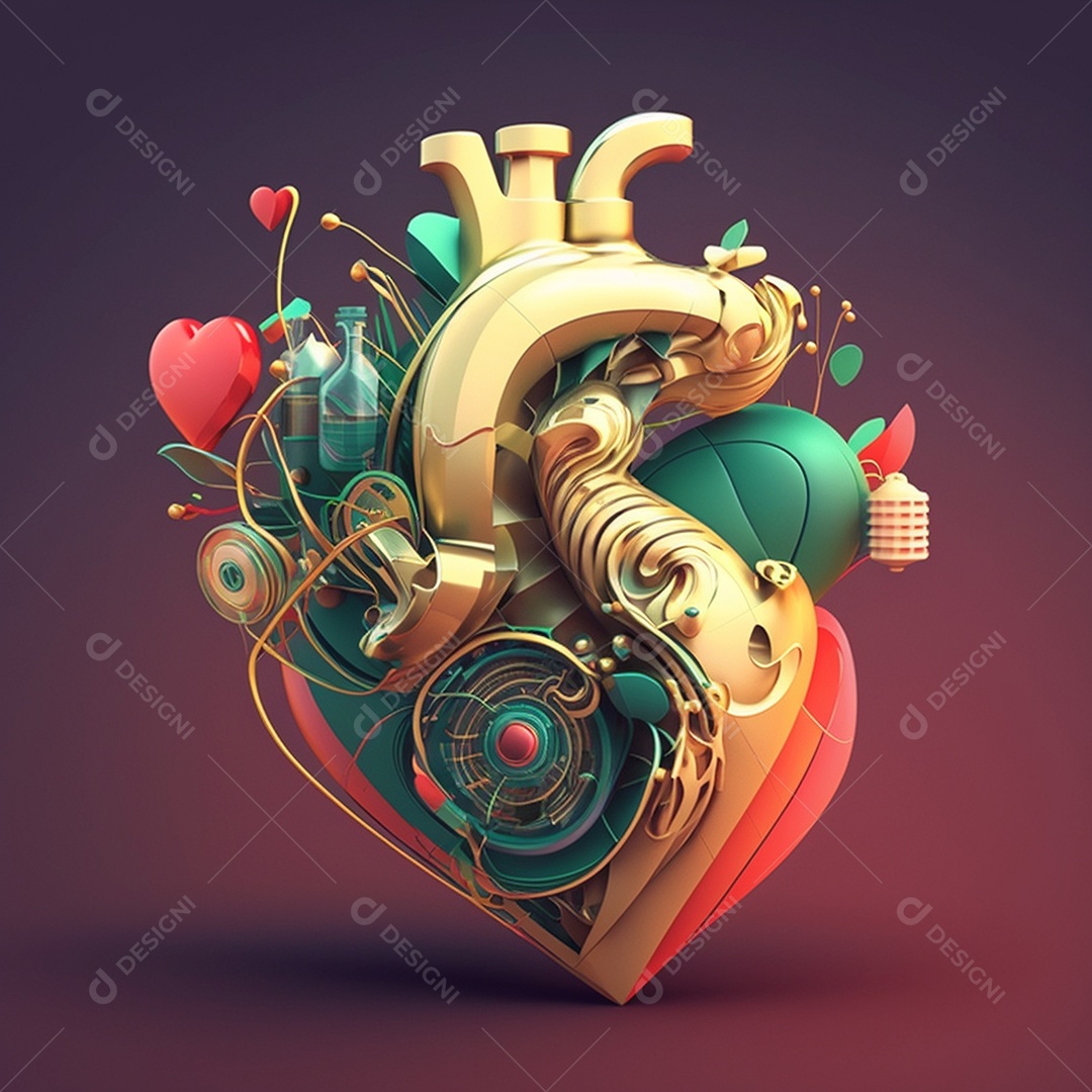 Conceito de cuidado do coração. Ilustração estilizada abstrata. Anatomia e fisiologia cardíaca. Órgão artificial. Dia mundial do coração. Medicina preventiva