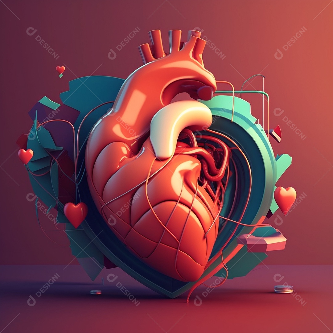 Conceito de cuidado do coração. Ilustração estilizada abstrata. Anatomia e fisiologia cardíaca. Órgão artificial. Dia mundial do coração. Medicina preventiva