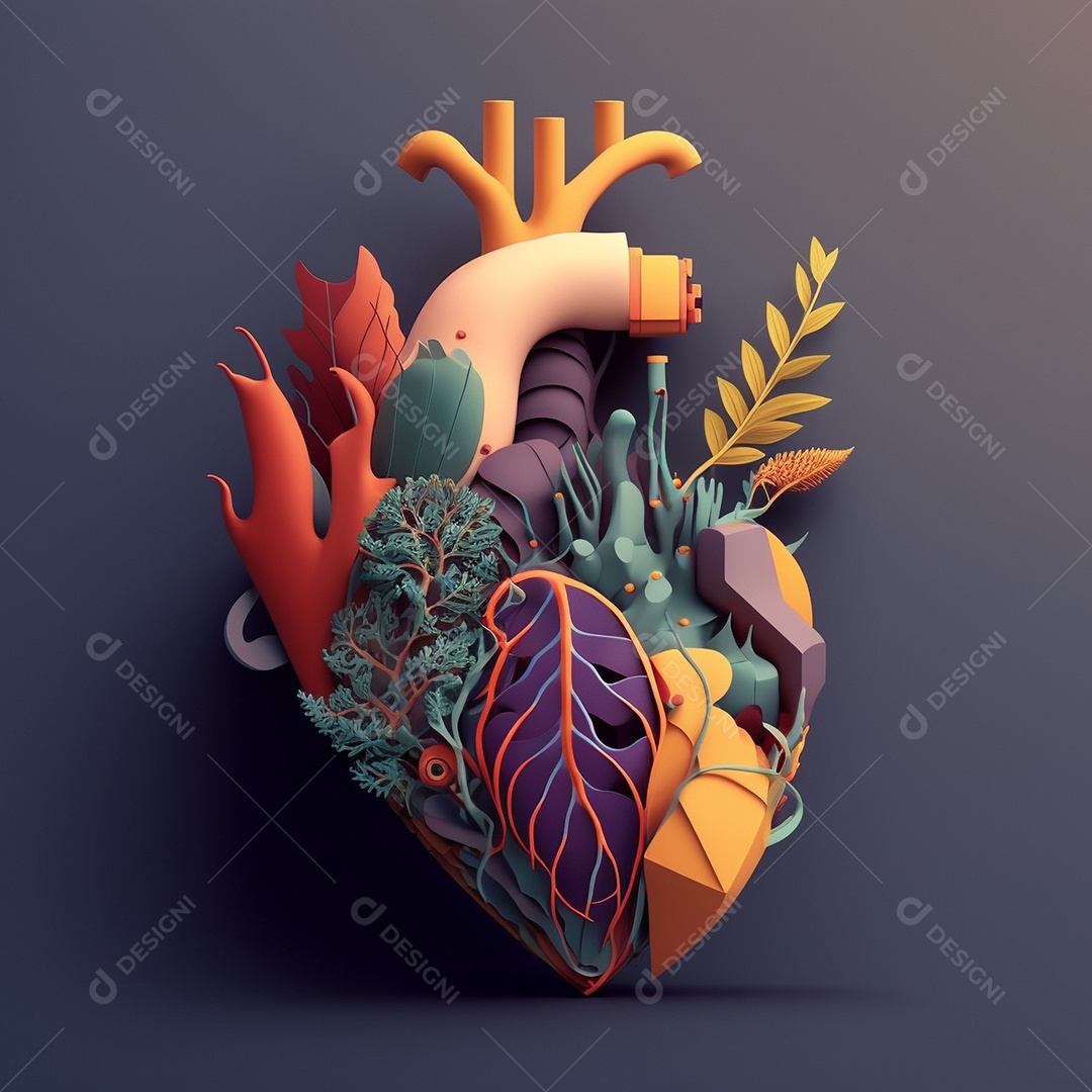 Conceito de cuidado do coração. Ilustração estilizada abstrata. Anatomia e fisiologia cardíaca. Órgão artificial. Dia mundial do coração. Medicina preventiva