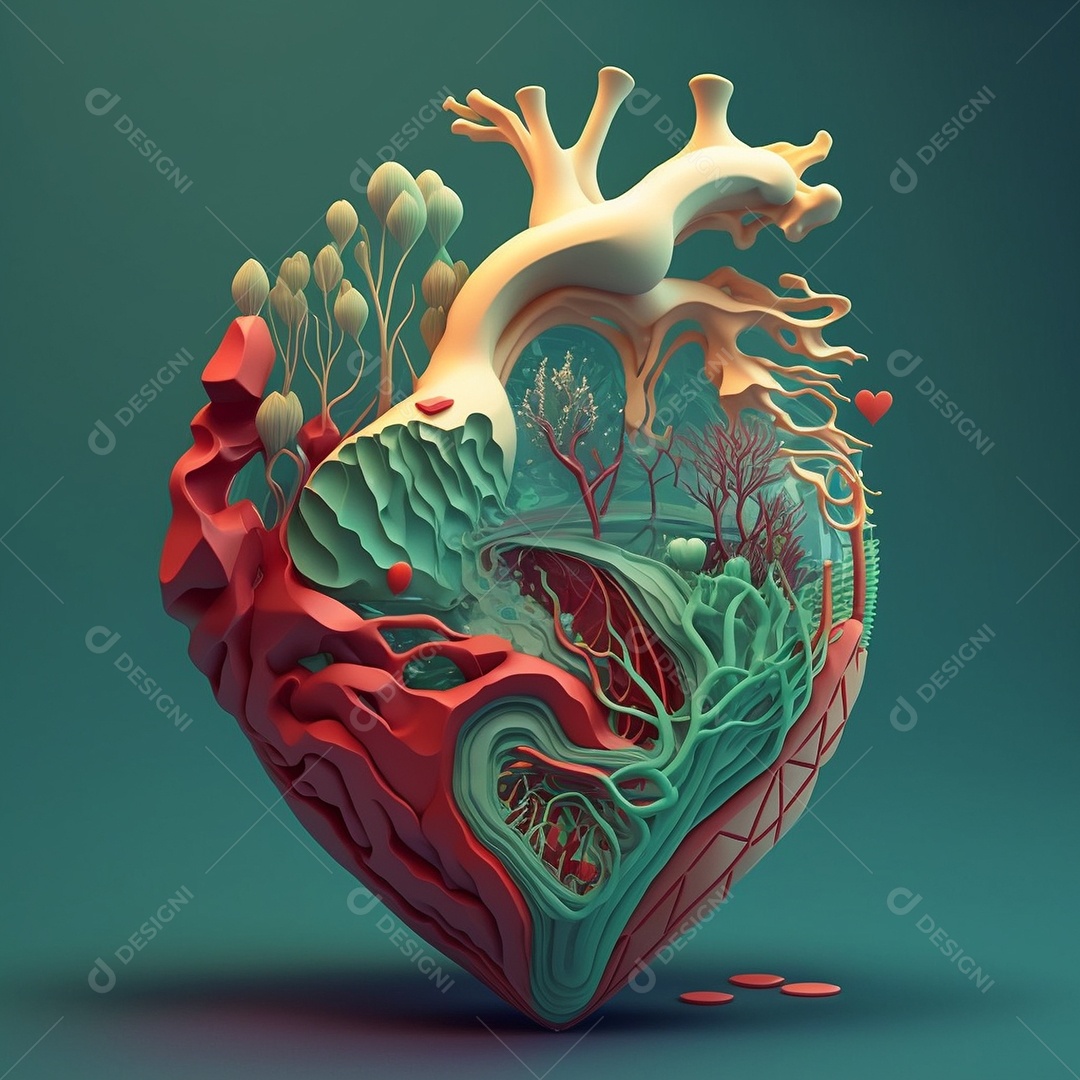 Conceito de cuidado do coração. Ilustração estilizada abstrata. Anatomia e fisiologia cardíaca. Órgão artificial. Dia mundial do coração. Medicina preventiva