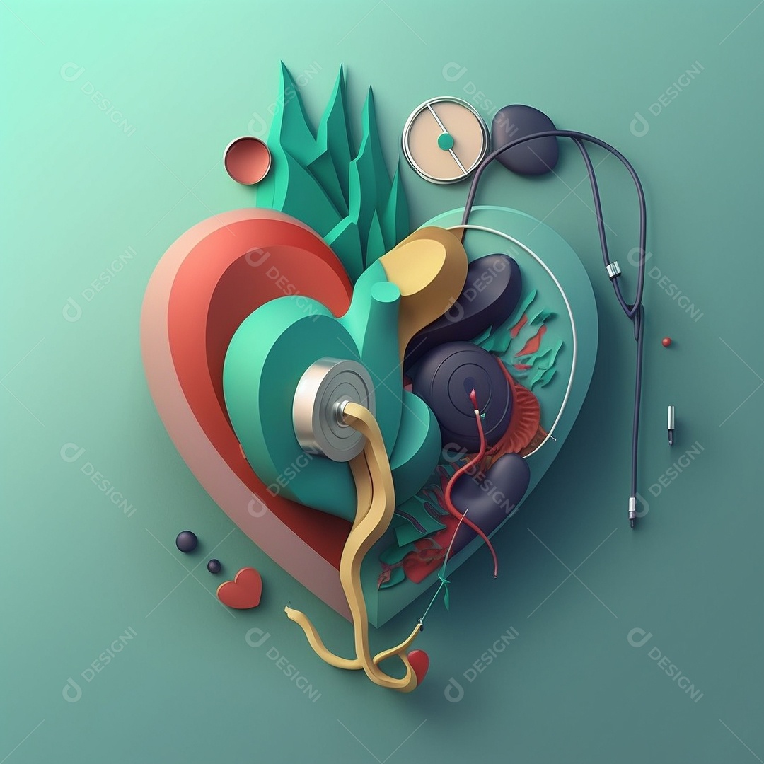 Conceito de cuidado do coração. Ilustração estilizada abstrata. Anatomia e fisiologia cardíaca. Órgão artificial. Dia mundial do coração. Medicina preventiva