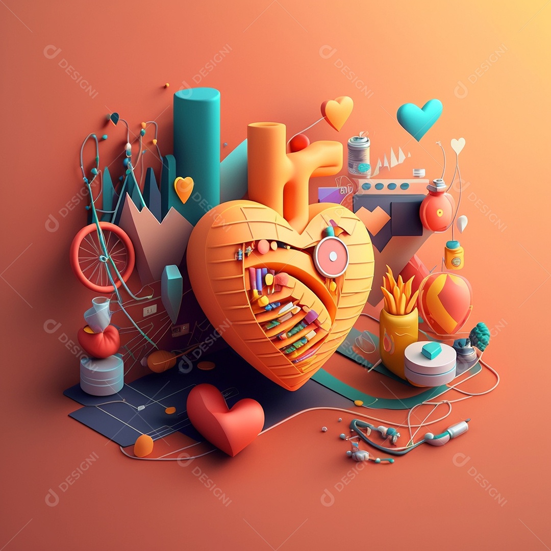 Conceito de cuidado do coração. Ilustração estilizada abstrata. Anatomia e fisiologia cardíaca. Órgão artificial. Dia mundial do coração. Medicina preventiva