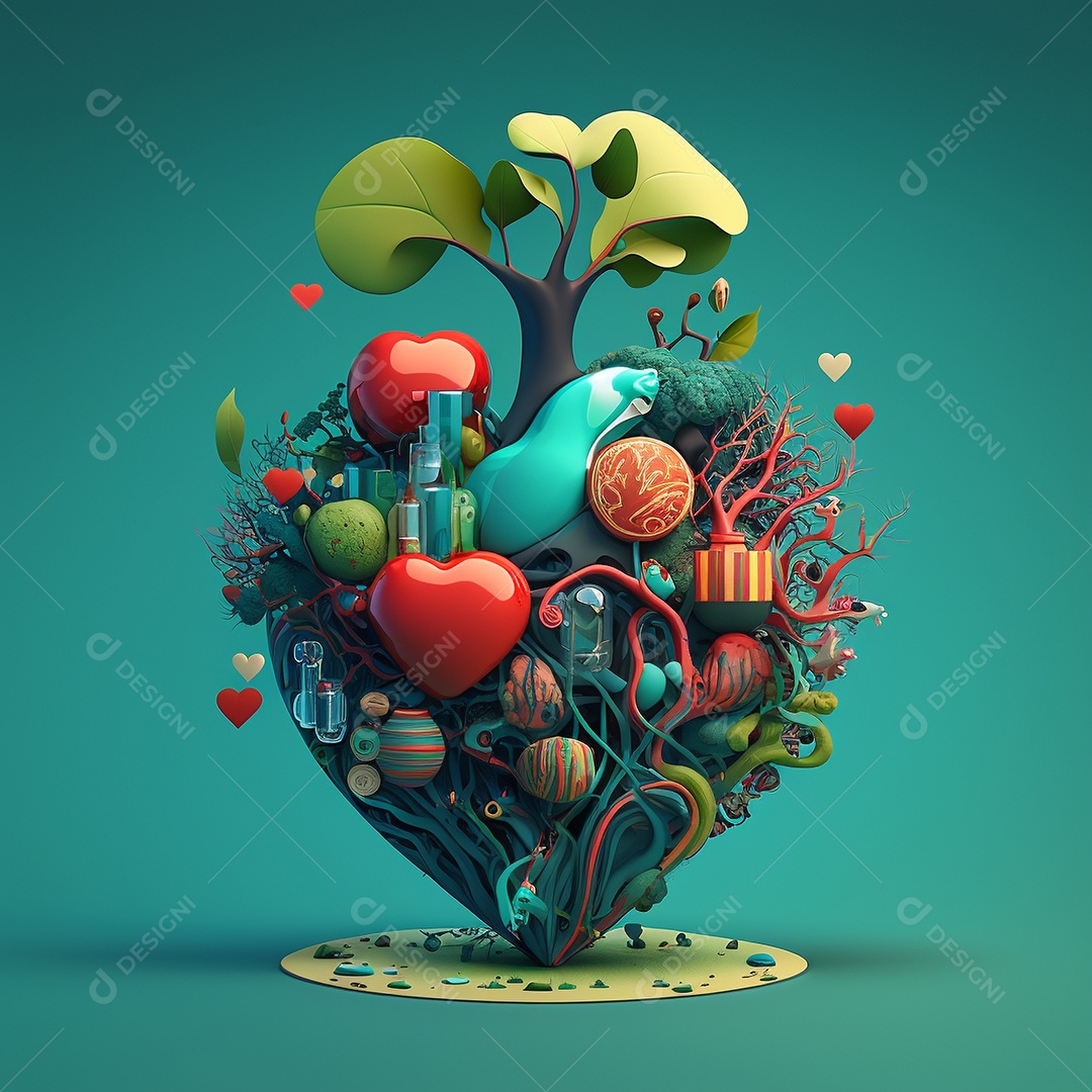 Conceito de cuidado do coração. Ilustração estilizada abstrata. Anatomia e fisiologia cardíaca. Órgão artificial. Dia mundial do coração. Medicina preventiva