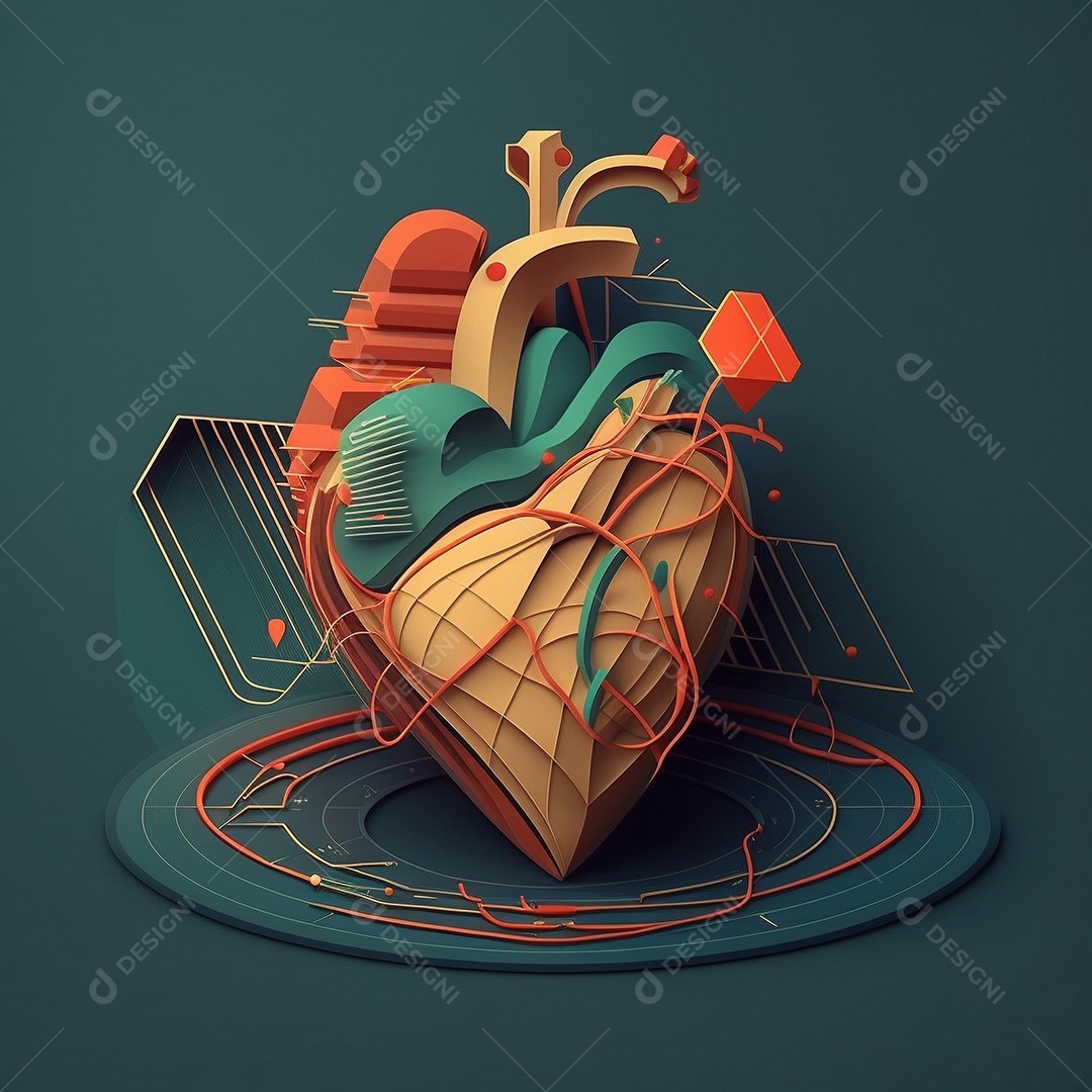 Conceito de cuidado do coração. Ilustração estilizada abstrata. Anatomia e fisiologia cardíaca. Órgão artificial. Dia mundial do coração. Medicina preventiva