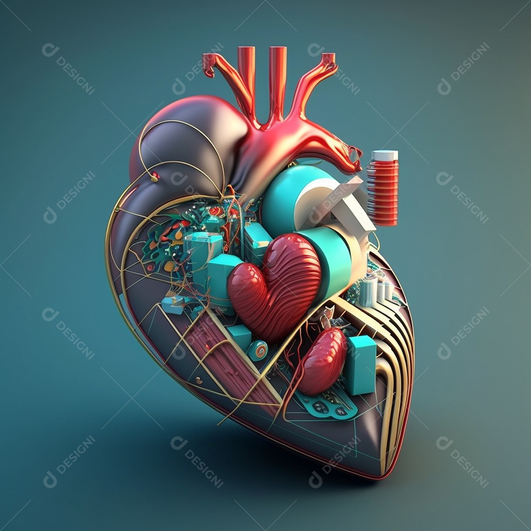 Conceito de cuidado do coração. Ilustração estilizada abstrata. Anatomia e fisiologia cardíaca. Órgão artificial. Dia mundial do coração. Medicina preventiva