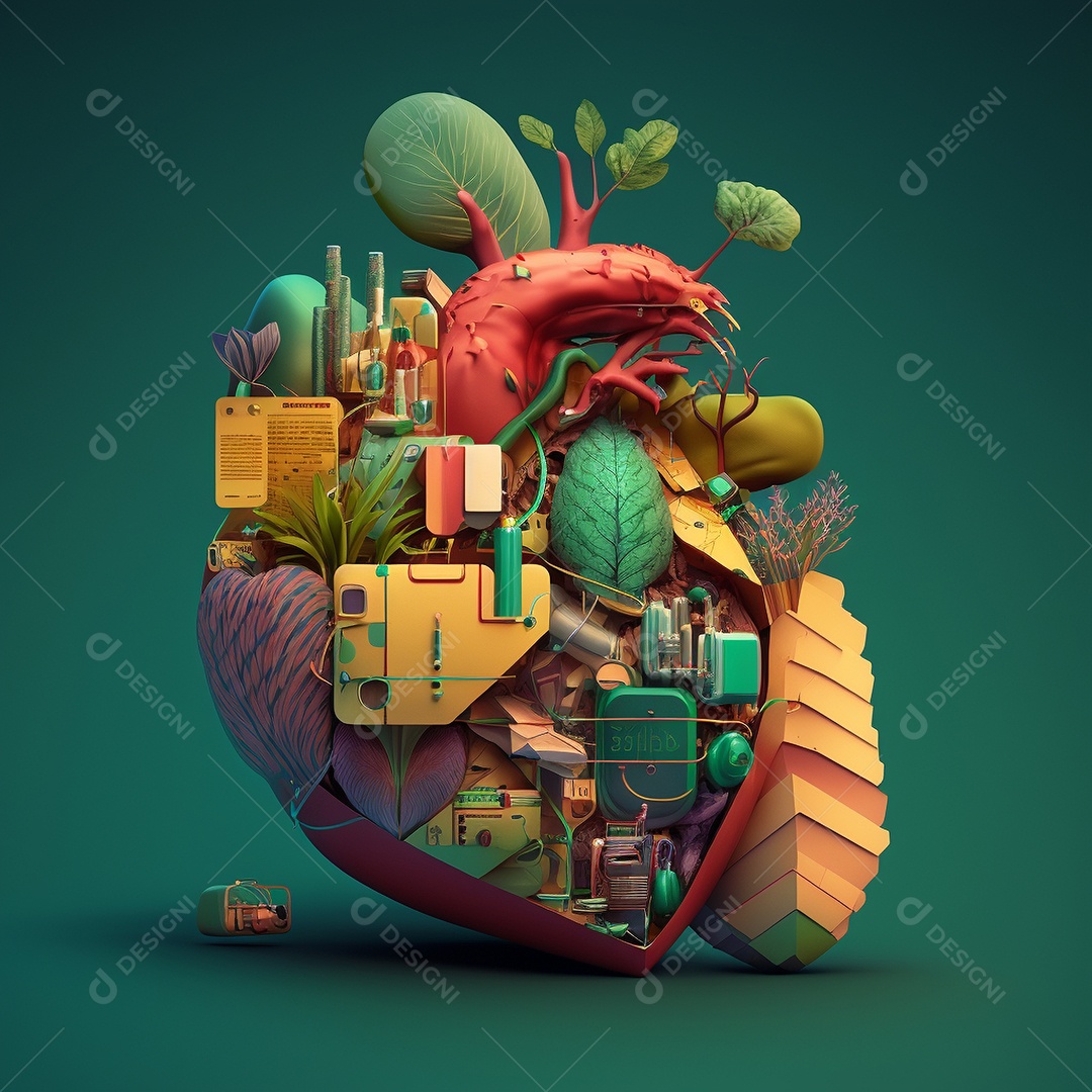 Conceito de cuidado do coração. Ilustração estilizada abstrata. Anatomia e fisiologia cardíaca. Órgão artificial. Dia mundial do coração. Medicina preventiva