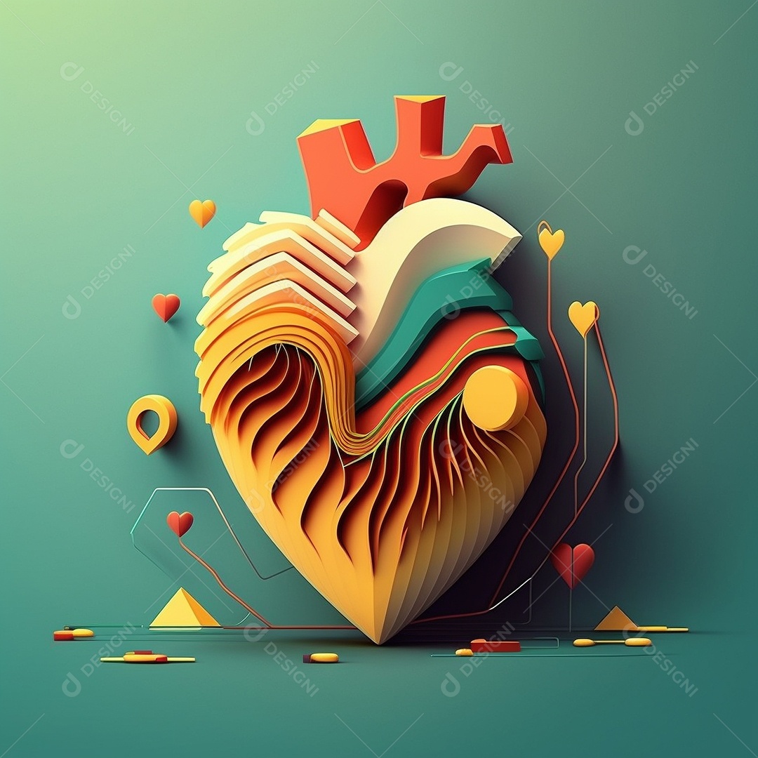 Conceito de cuidado do coração. Ilustração estilizada abstrata. Anatomia e fisiologia cardíaca. Órgão artificial. Dia mundial do coração. Medicina preventiva