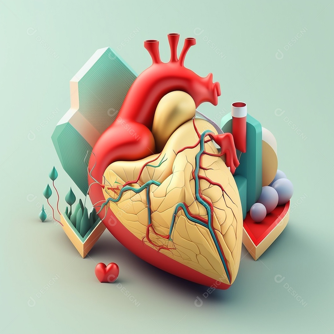 Conceito de cuidado do coração. Ilustração estilizada abstrata. Anatomia e fisiologia cardíaca. Órgão artificial. Dia mundial do coração. Medicina preventiva