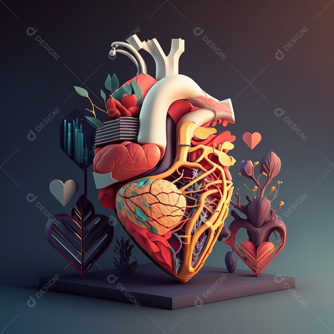 Conceito de cuidado do coração. Ilustração estilizada abstrata. Anatomia e fisiologia cardíaca. Órgão artificial. Dia mundial do coração. Medicina preventiva